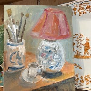 Impressionist Still Life Painting with Pink and Blue Accents Morning Coffee!